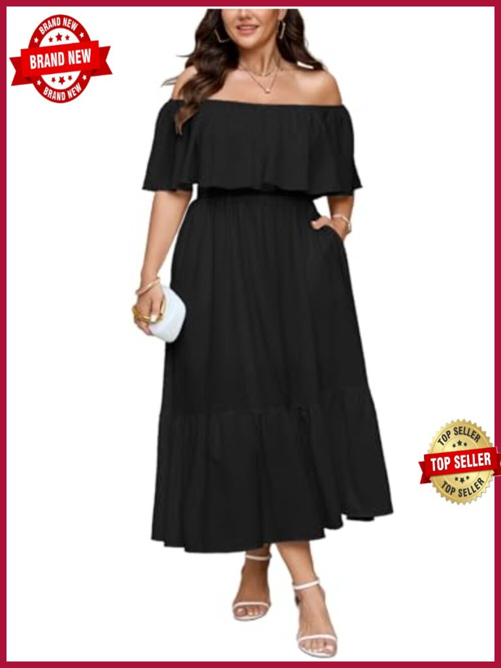 Plus Size Off-Shoulder Maxi Cocktail Dress with Pockets